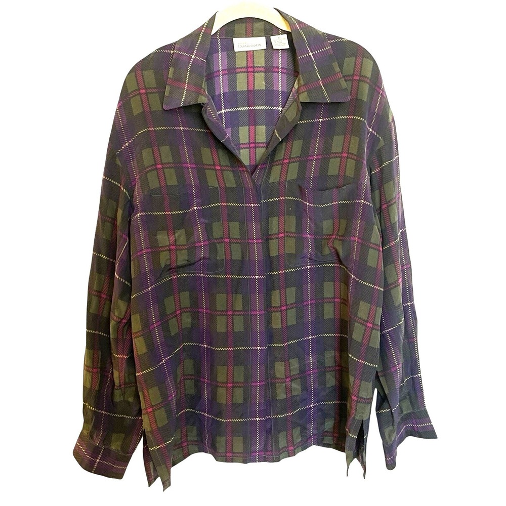 VTG 90s Dana Buchman 100% Silk Blouse Purple‎ Plaid Sz 10 Classic Old Money Work